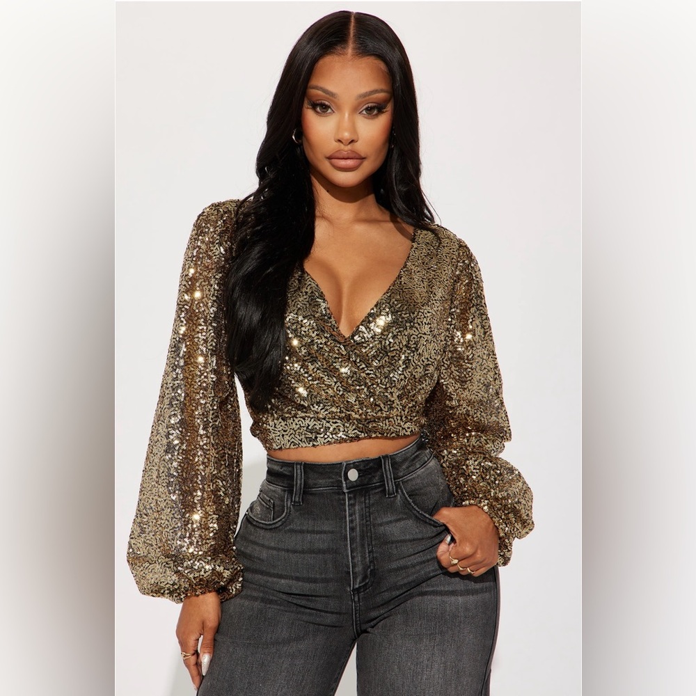 NWT- Fashion Nova- Highlight Nights Sequin Top - Gold/Black